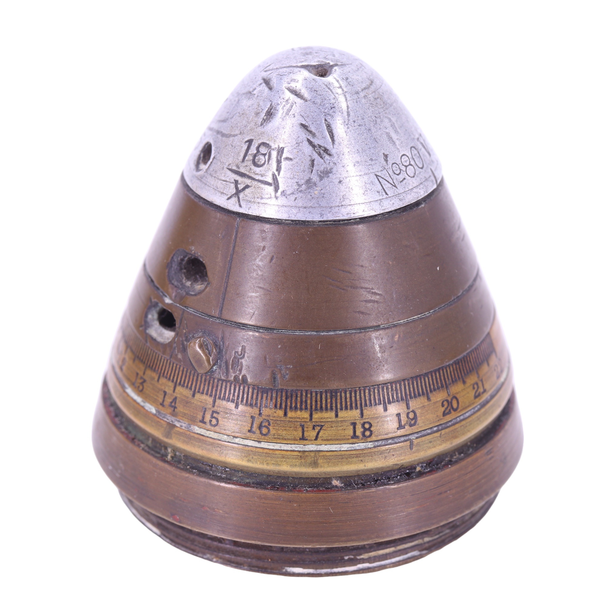 A Great War No 80 artillery shell fuse together with a trench art tobacco jar and a bowl - Image 2 of 10
