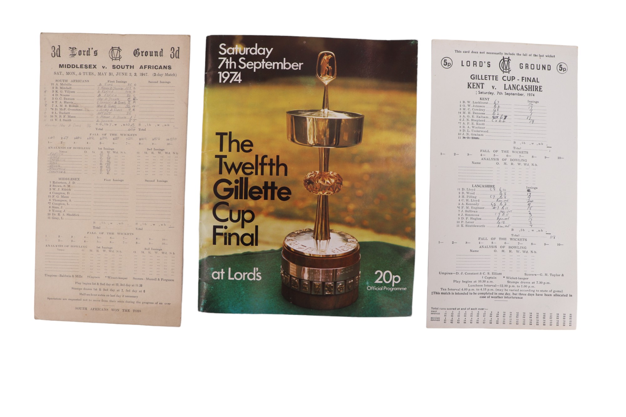 A 1947 Lord's Ground Middlesex v South Africans cricket matchday scorecard together with a 1974 Kent - Image 6 of 7