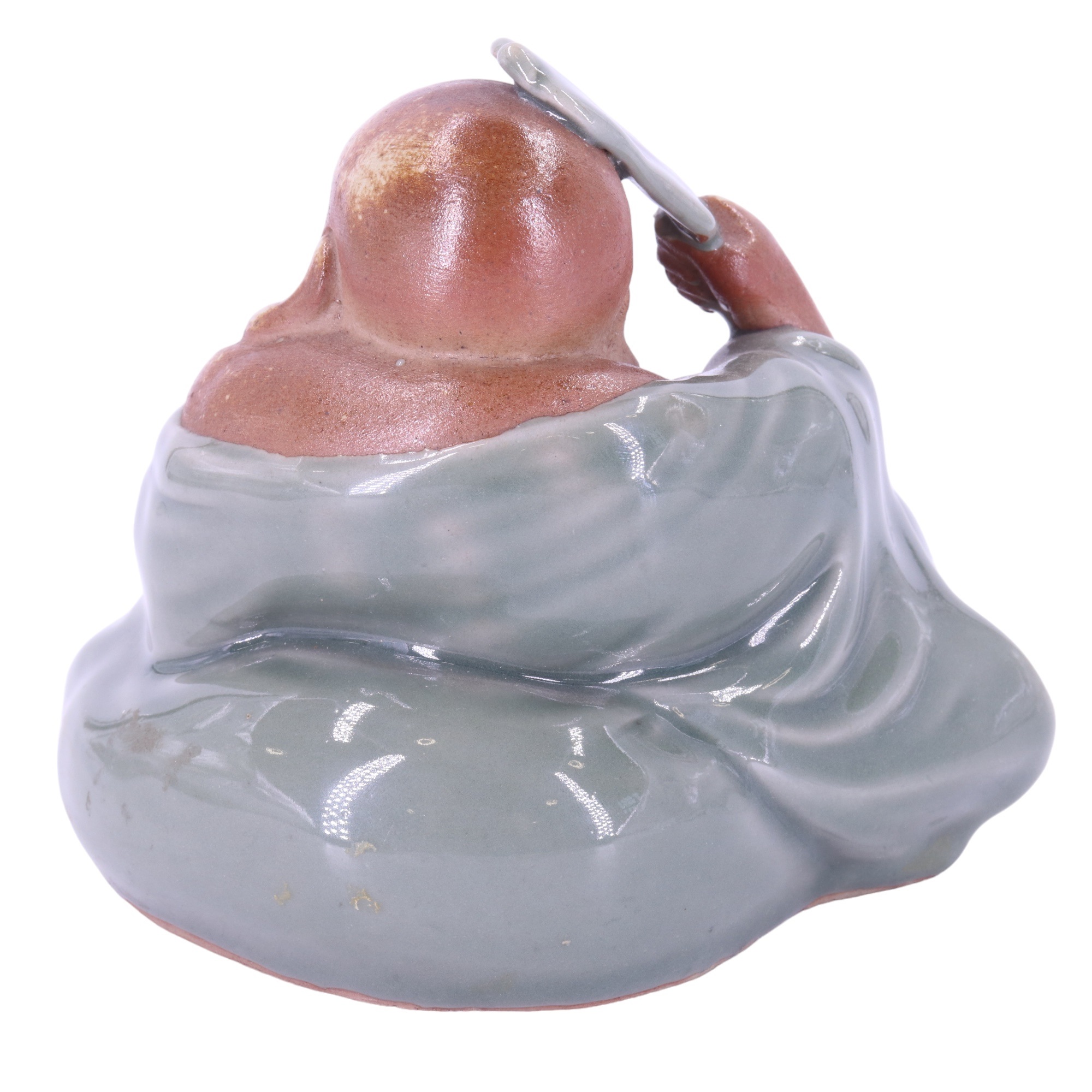 A Chinese Shiwan celadon and semi-bisque glazed ironstone figurine of Budai [ The Laughing - Image 3 of 5