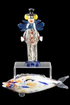 A Romanian glass fish together with a clown, circa 1960s, latter 31.5 cm tall