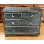 A Victorian painted-pine chest of drawers, having pressed glass lobed knob handles, 52 cm x 104 cm x