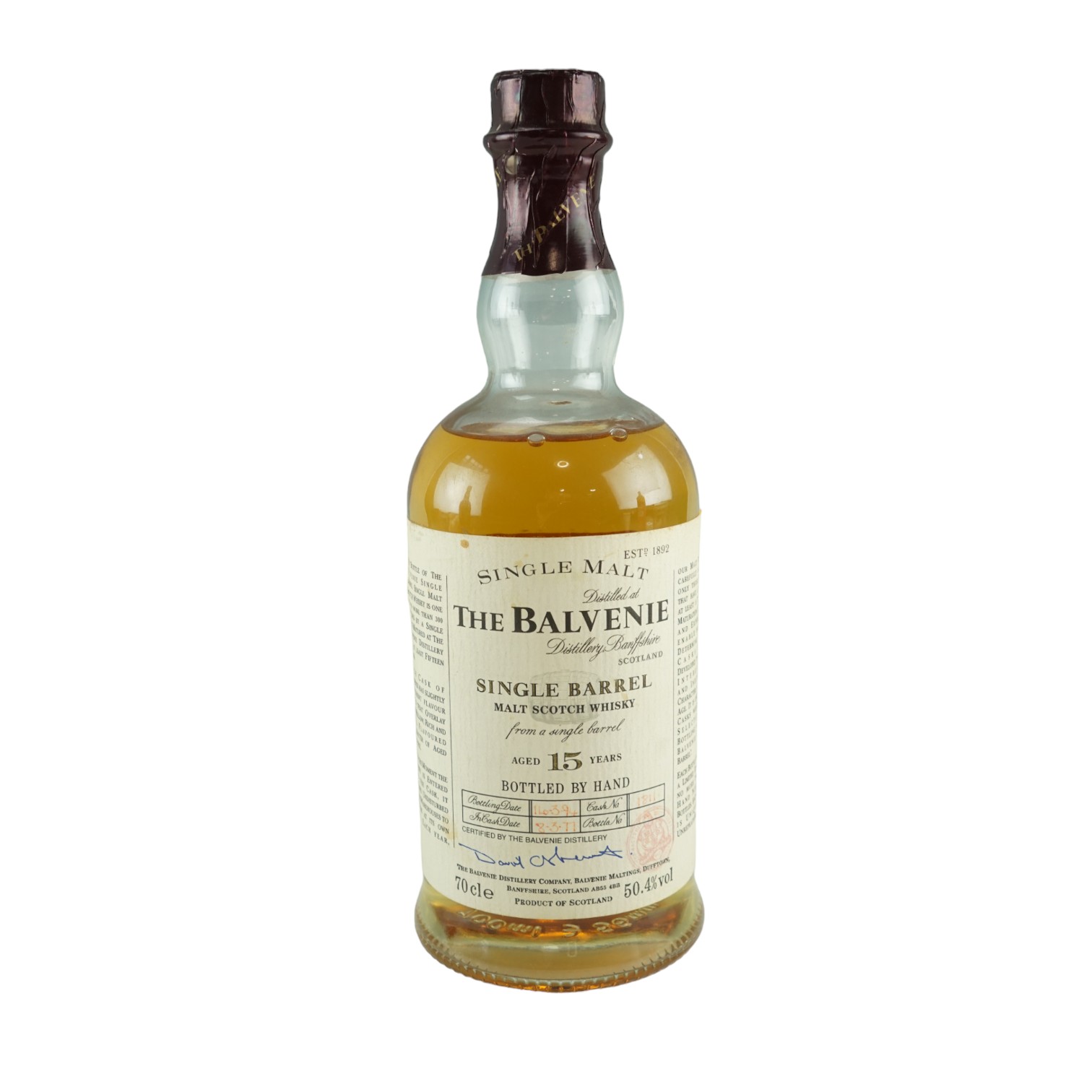 A bottle of The Balvenie 15 year old single malt Scotch whisky, casked 1977 and bottled 1994, 70 cl