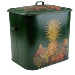 A decorative enamel bread bin