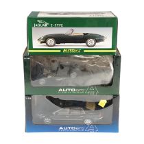 Three Auto Art diecast model cars comprising a Jaguar E-Type, Jaguar D-Type and a Phaeton, 1:18