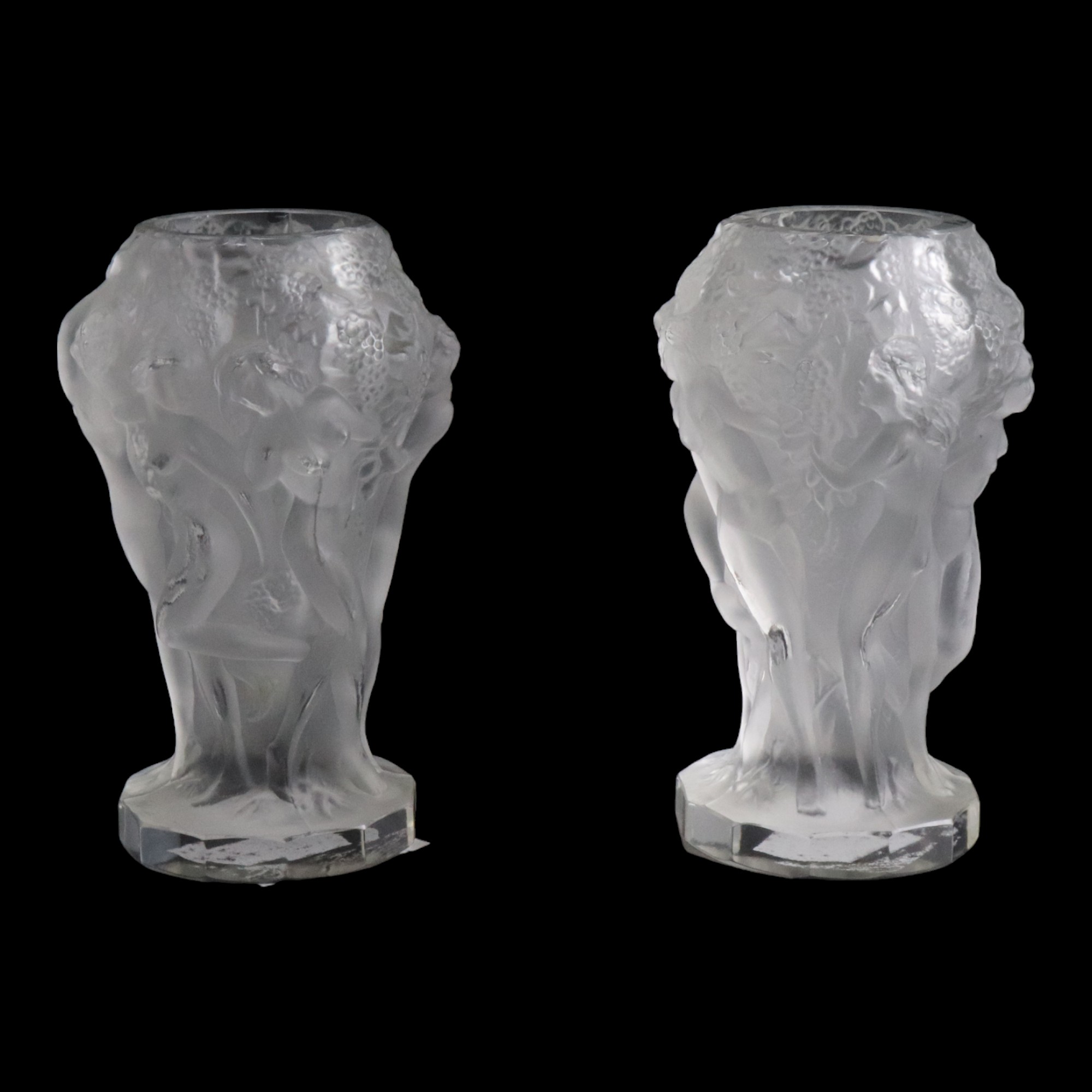 Two Art Deco frosted glass vases depicting nude women amongst berry vines, in the manner of Heinrich - Image 2 of 3