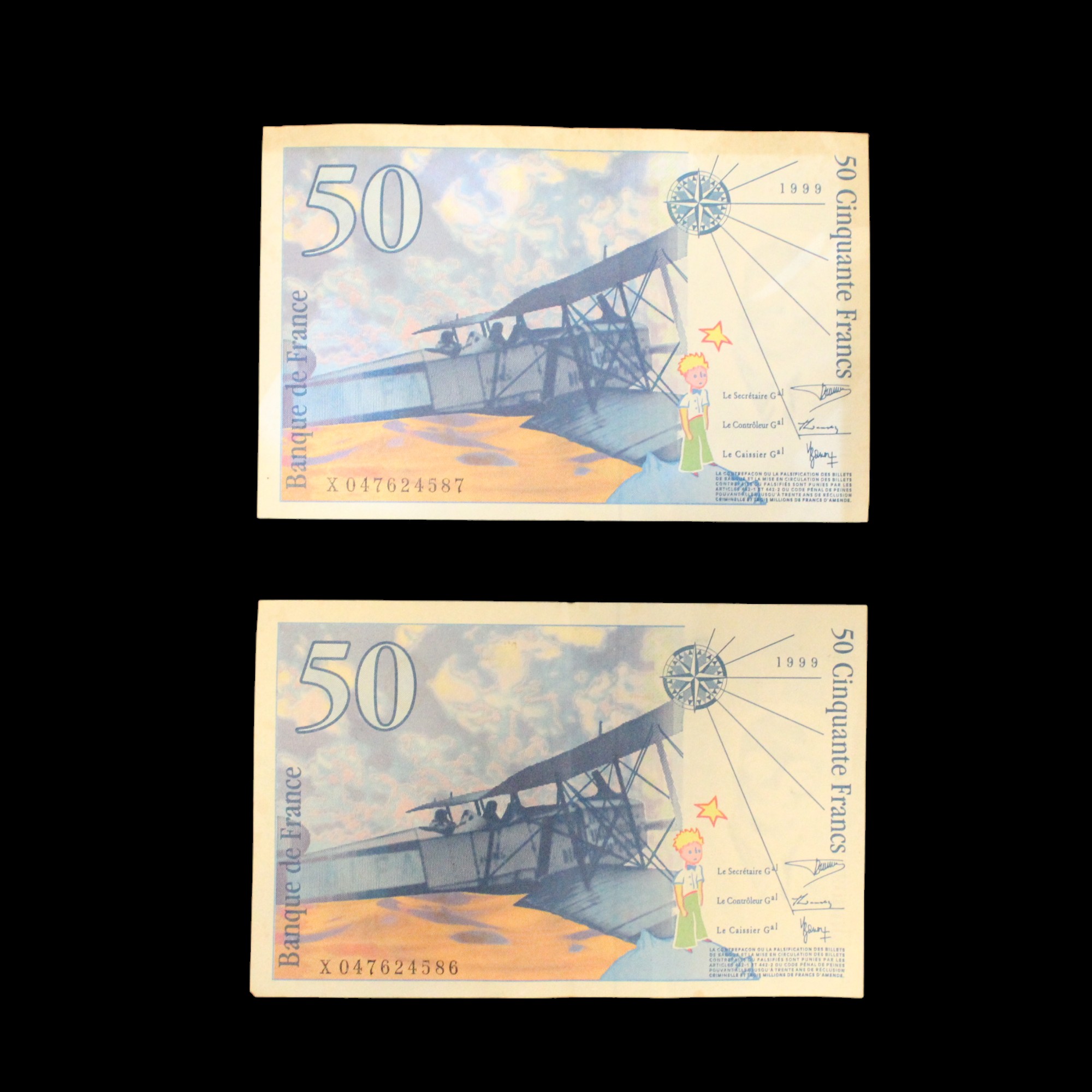 Two Banque de France 1999 50 Francs Saint-Exupéry type 1992 modified banknotes - Image 2 of 2