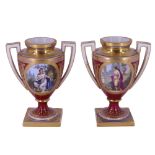 A pair of fine diminutive Vienna porcelain urns, each decorated with enamelled classical