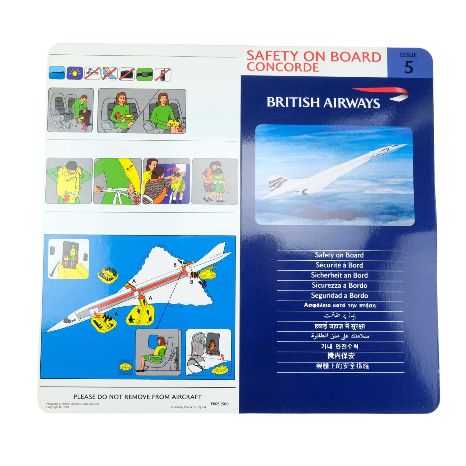 Five British Airways Concorde "Safety on Board" 1999 issue 5 safety cards - Image 2 of 2