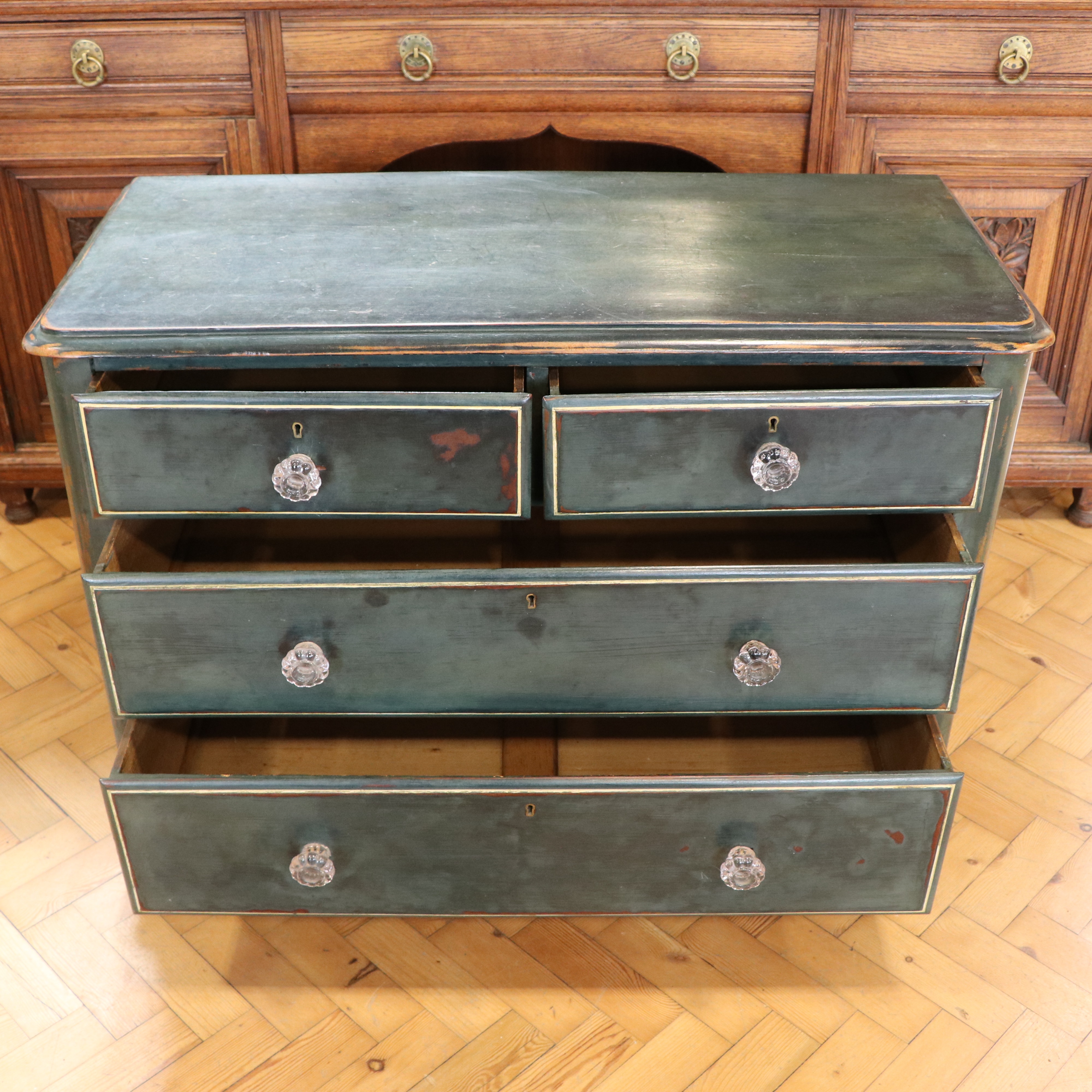 A Victorian painted-pine chest of drawers, having pressed glass lobed knob handles, 52 cm x 104 cm x - Image 4 of 4