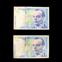 Two Banque de France 1999 50 Francs Saint-Exupéry type 1992 modified banknotes