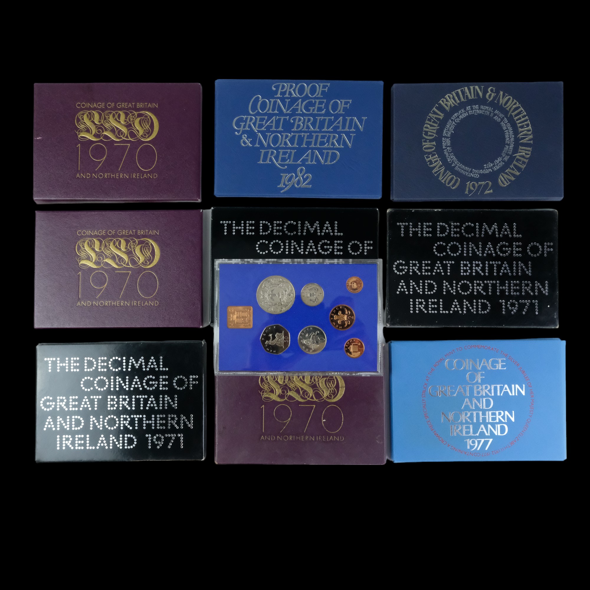 A group of Royal Mint 1970s Coinage of Great Britain and Nothern Ireland mint coin sets together