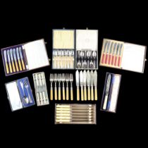 A quantity of antique and vintage electroplate cutlery and flatware, largely cased sets including