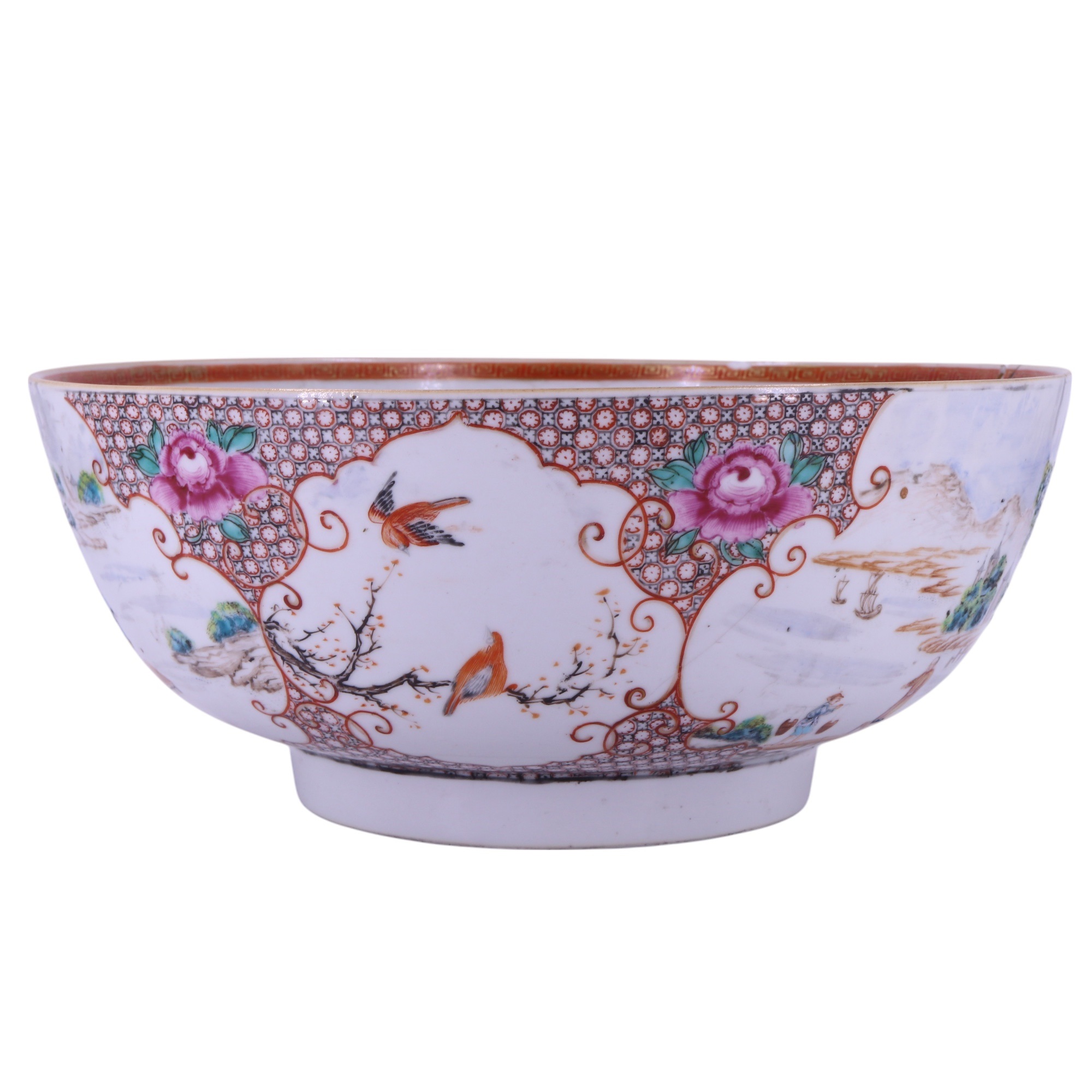 An 18th Century Chinese export Famille rose porcelain punch bowl, decorated in depiction of European - Image 5 of 8