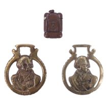 A Nelson commemorative copper fob vesta case, circa 1905, together with two related horse brasses