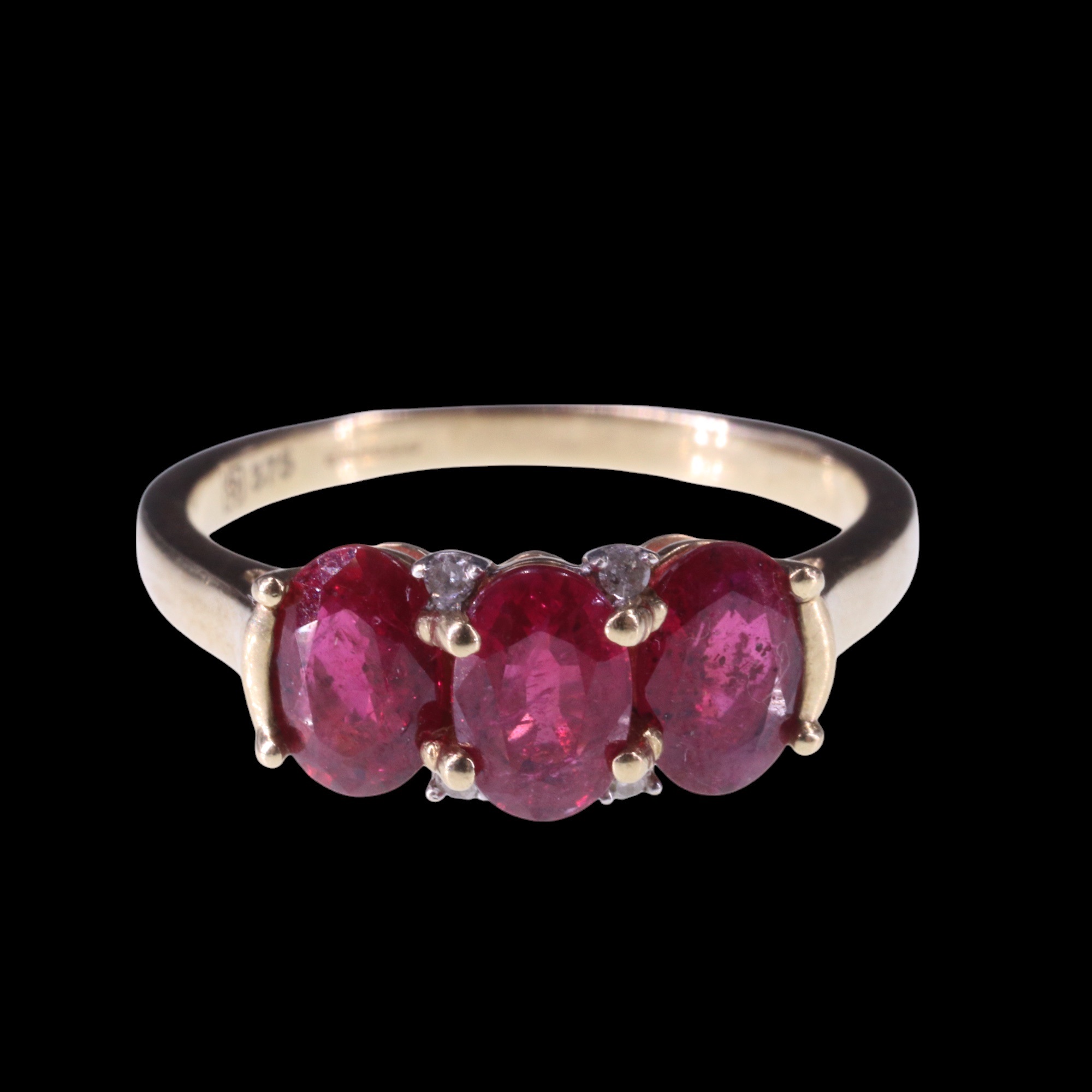 A three-stone natural ruby ring, comprising three oval cut stones each of approx 0.6 ct, bar-and - Image 7 of 9