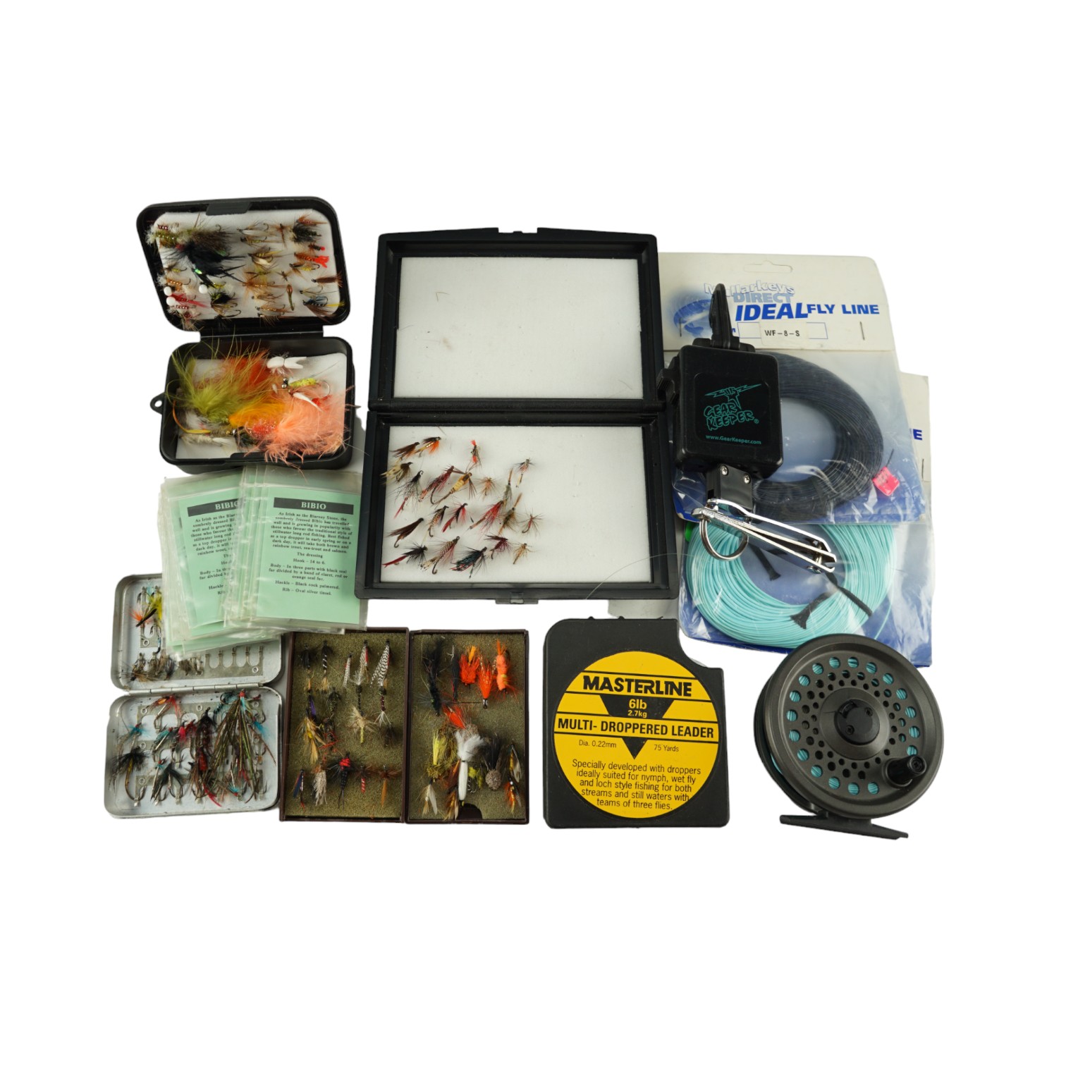 A Rimfly 2075 centre pin fly fishing reel together with salmon and trout flies, fly lines, etc