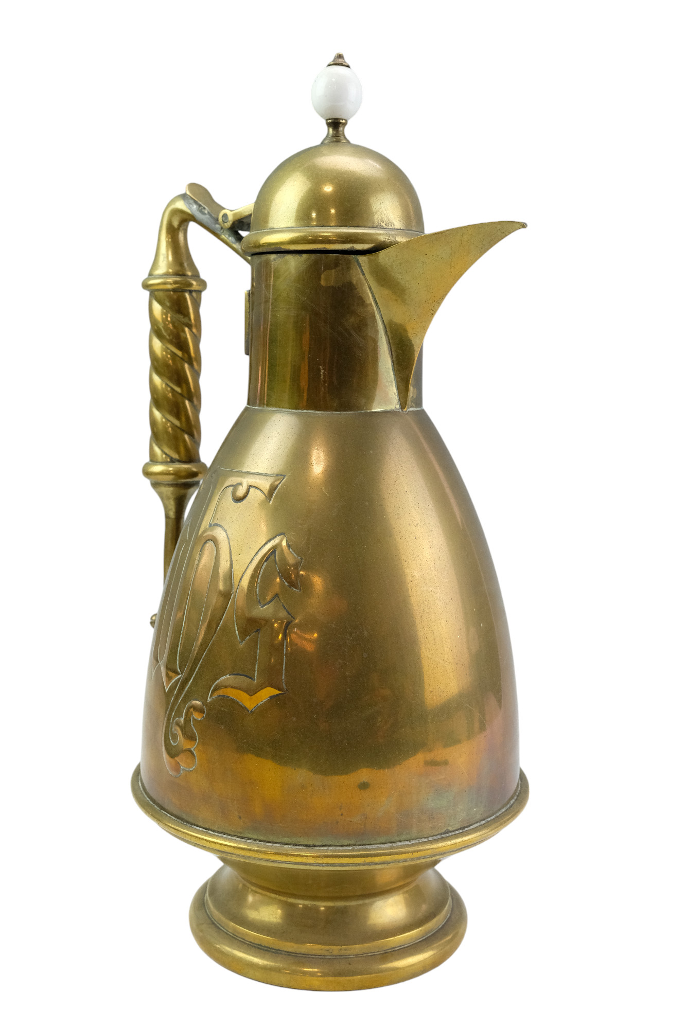 A large Gothic Revival Christian baptismal ewer, in brass with a white earthenware finial, late 19th - Image 3 of 3