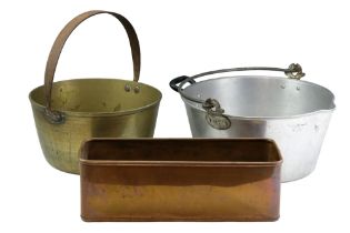 Brass and aluminium jam pans together with a copper planter