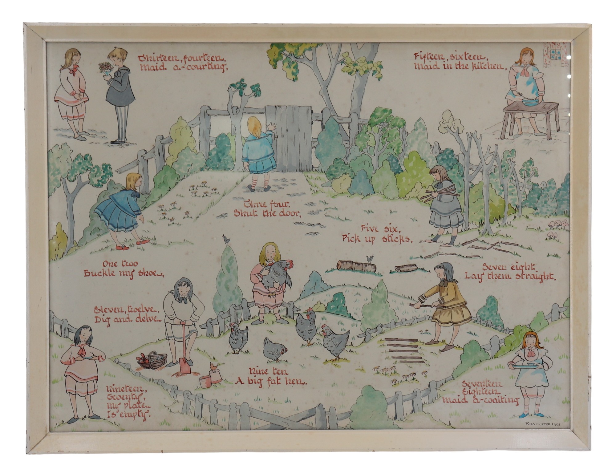 Rita Cotter (Scottish, 20th Century) A quaint, illustrative depiction of the children's nursery