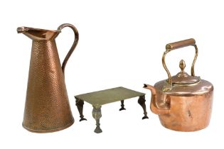 A Victorian copper and brass kettle together with a copper jug by Joseph Sankey & Sons and a brass