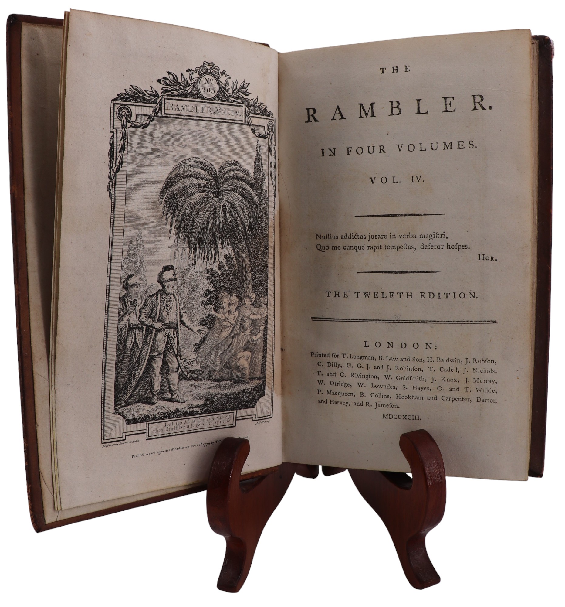 Samuel Johnson, "The Rambler. In Four Volumes", Longman et al, London, 1793, calf with gilt tooled - Image 5 of 6