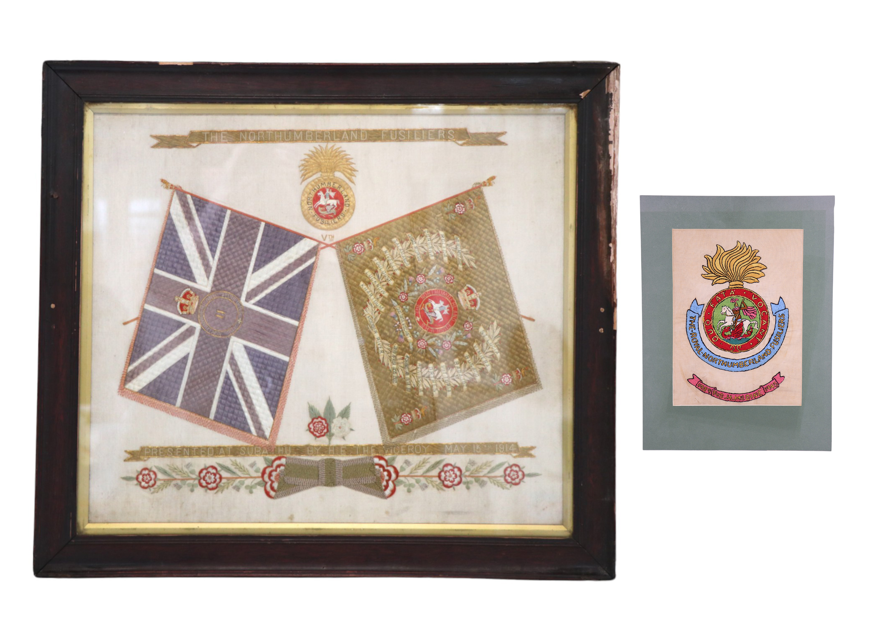 A Great War embroidered silk sampler commemorating the Northumberland Fusiliers, presented at