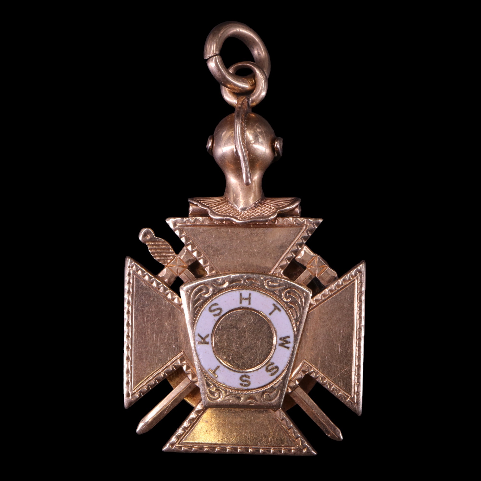 A Masonic Knights Templar enamelled 9 ct gold fob medallion, 38 mm excluding suspender, 14 g - Image 2 of 2