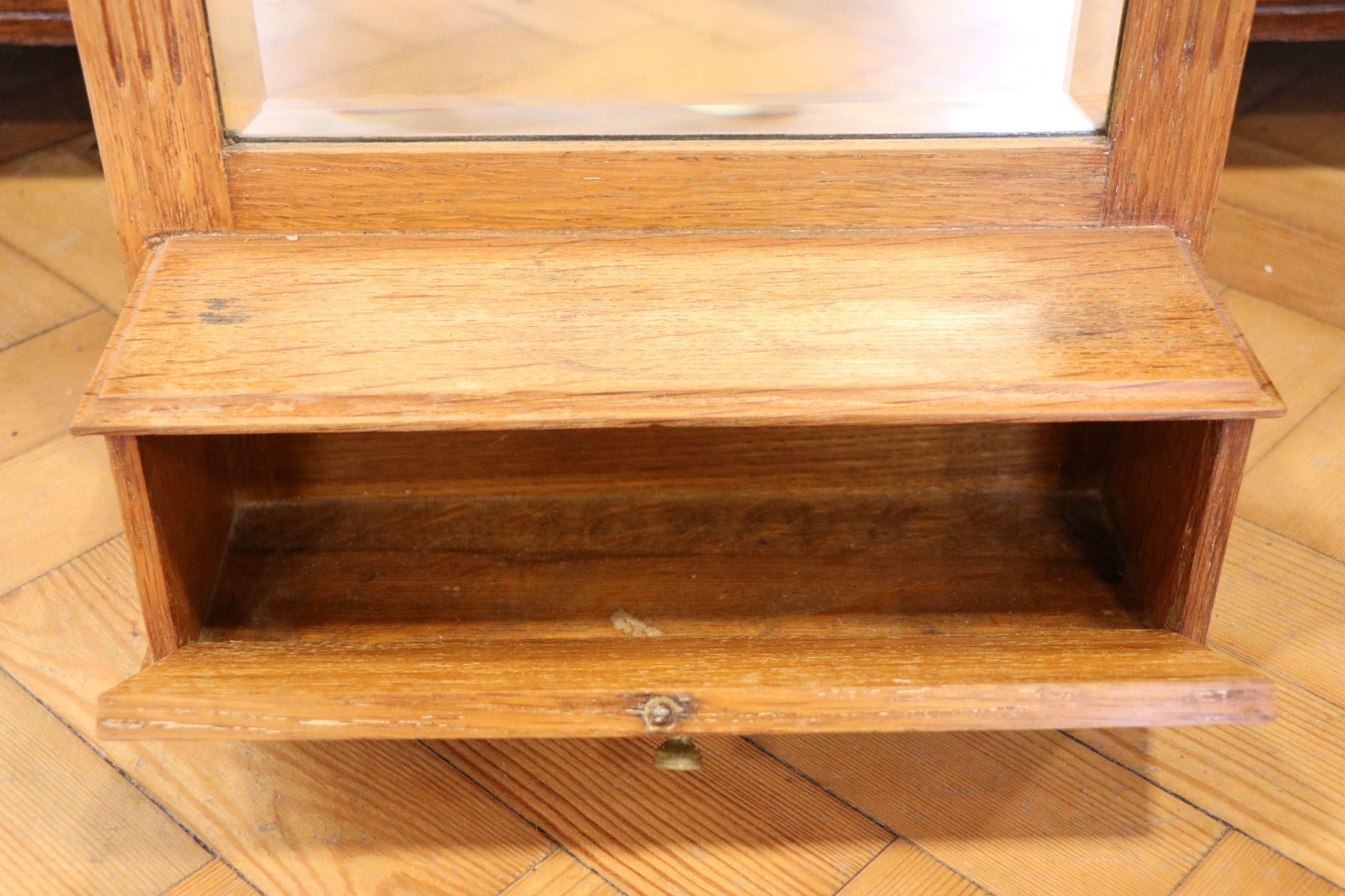 A late 19th / early 20th Century oak wall mirror cum shelf with integral small fall-front cabinet, - Image 3 of 3