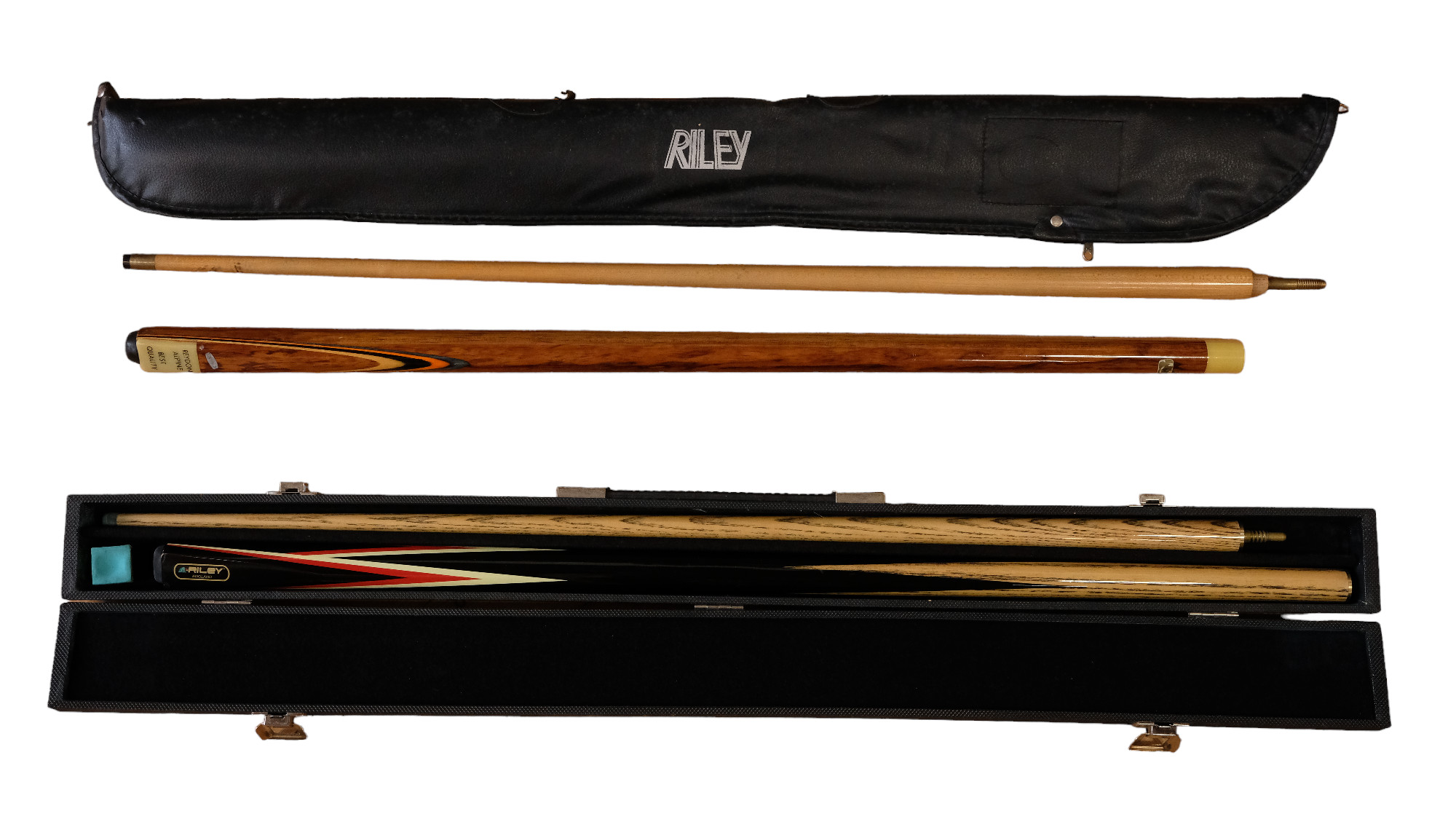 A cased Riley snooker cue together with a Reydon Alpine cue