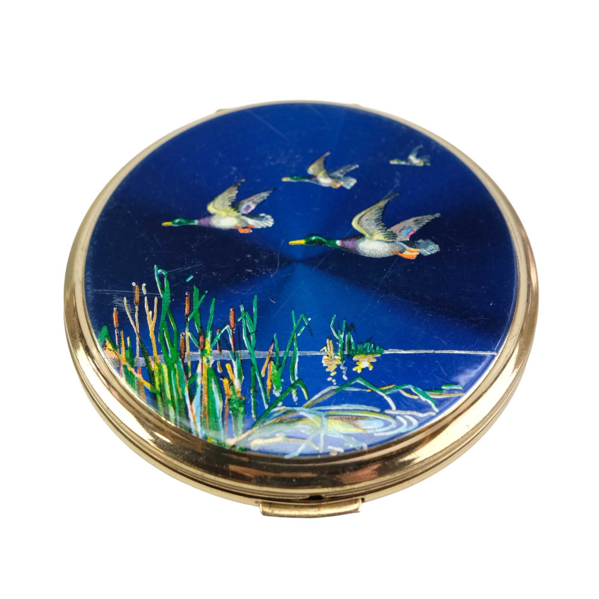 A mid 20th Century boxed Stratton powder compact decorated with mallard ducks in flight, diameter - Image 2 of 2