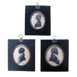 Three William IV portrait miniature silhouettes with gilt and blue highlights depicting