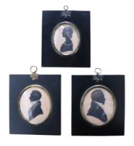 Three William IV portrait miniature silhouettes with gilt and blue highlights depicting