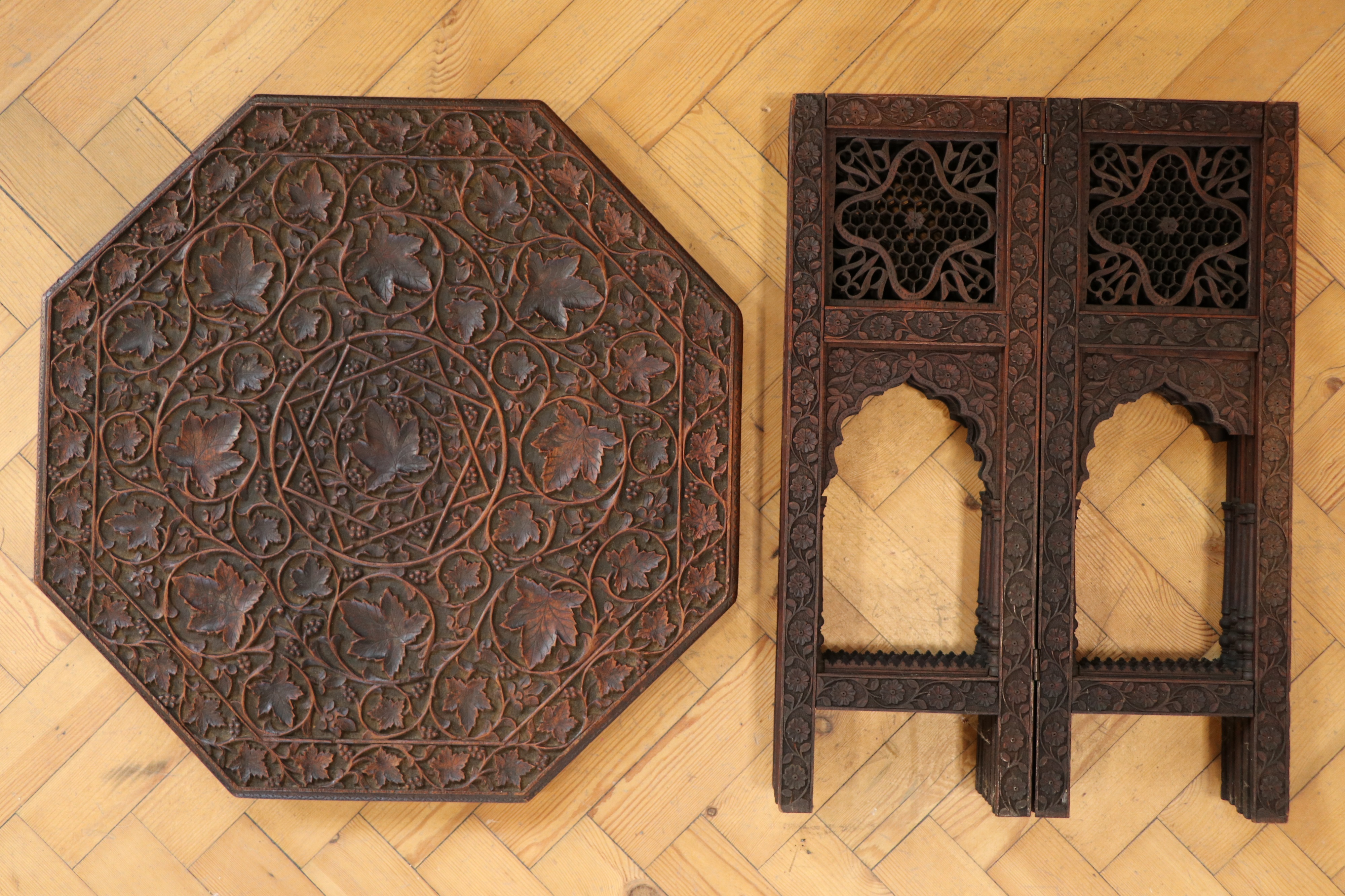 An early 20th Century Indian Hoshiarpur carved wooden folding table, 61 cm x 63 cm high - Image 7 of 7