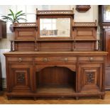 A late / early 20th Century mirror-backed oak sideboard, 204 cm x 63 cm x 196 cm high