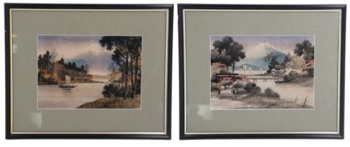 A pair of Japanese studies of Mount Fuji depicting a torii before a riverside settlement and boats