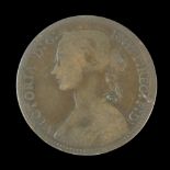 An 1860 one penny coin, Victoria (2nd Portrait), KM#749.1, beaded border