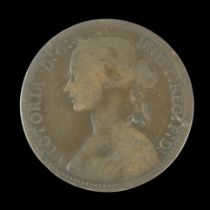 An 1860 one penny coin, Victoria (2nd Portrait), KM#749.1, beaded border