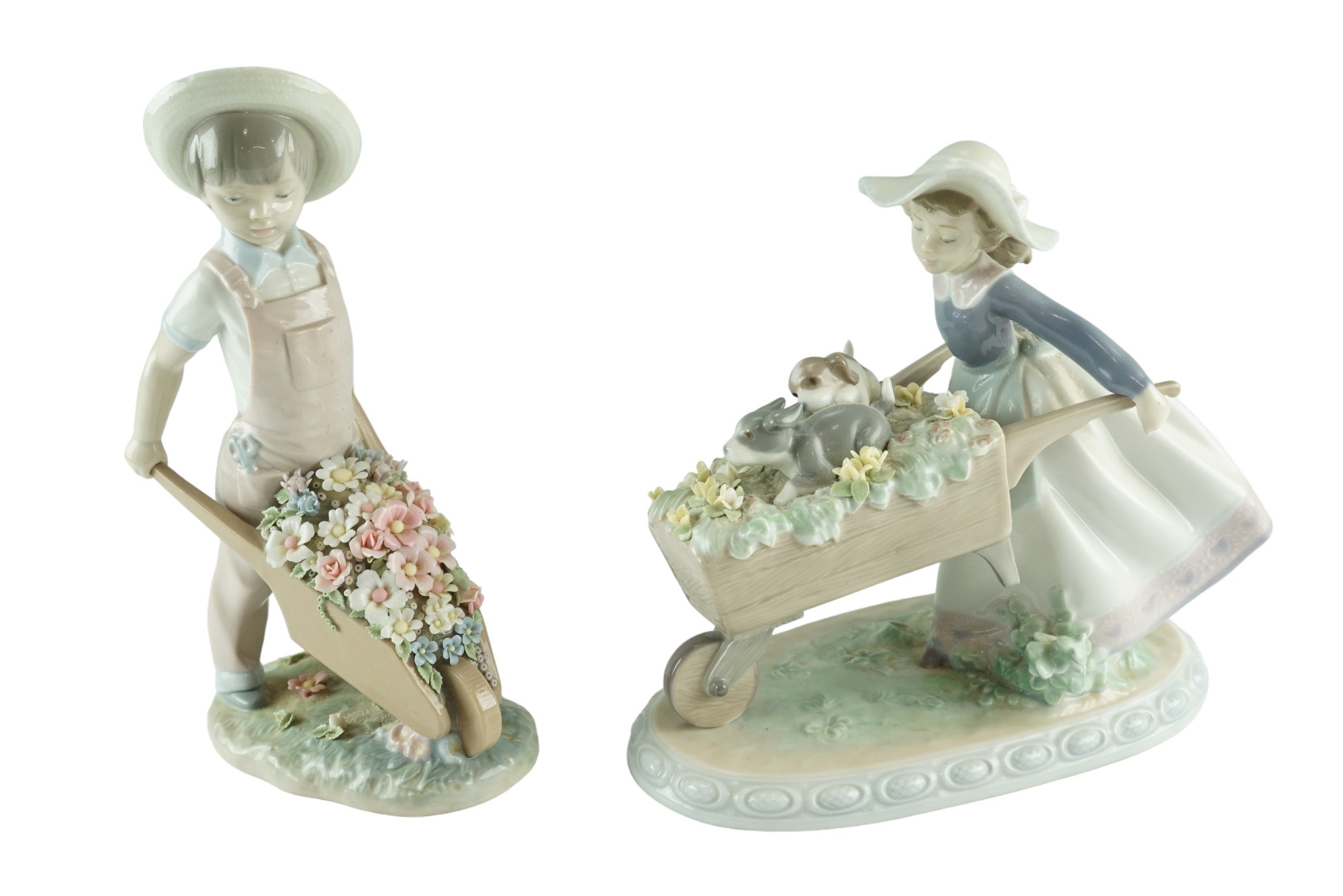 Two Lladro figurines of a boy and a girl with wheelbarrows, tallest 24 cm - Image 2 of 8