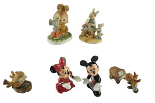 Six nursery ceramic figurines comprising Disney Mickey and Minnie Mouse, bisque birds and rabbits,