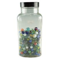 A vintage glass sweets jar containing cat's-eye and other glass marbles, jar 30.5 cm
