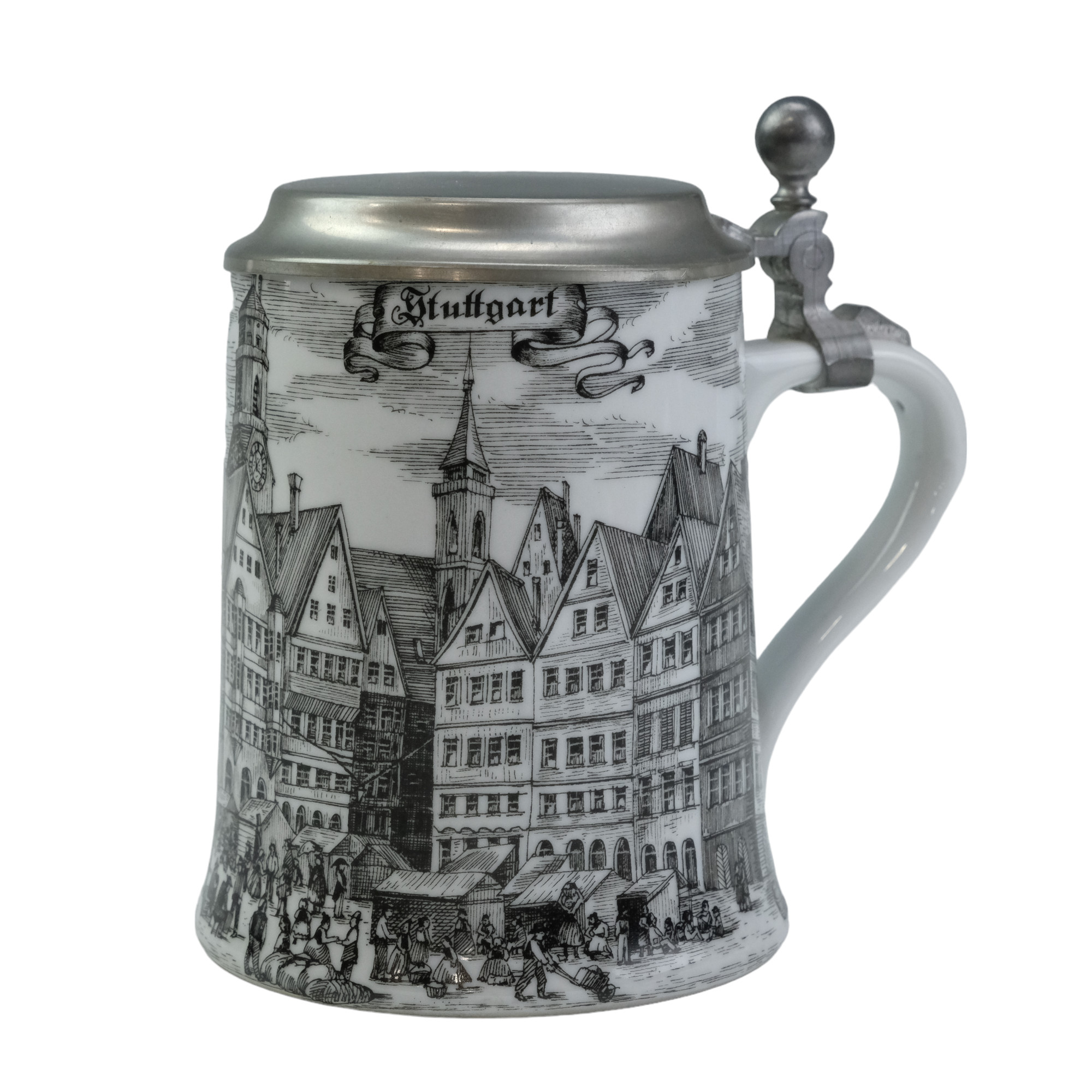 An official Mercedes-Benz traditional German pewter-mounted porcelain beer stein, circa 1990, 15 cm