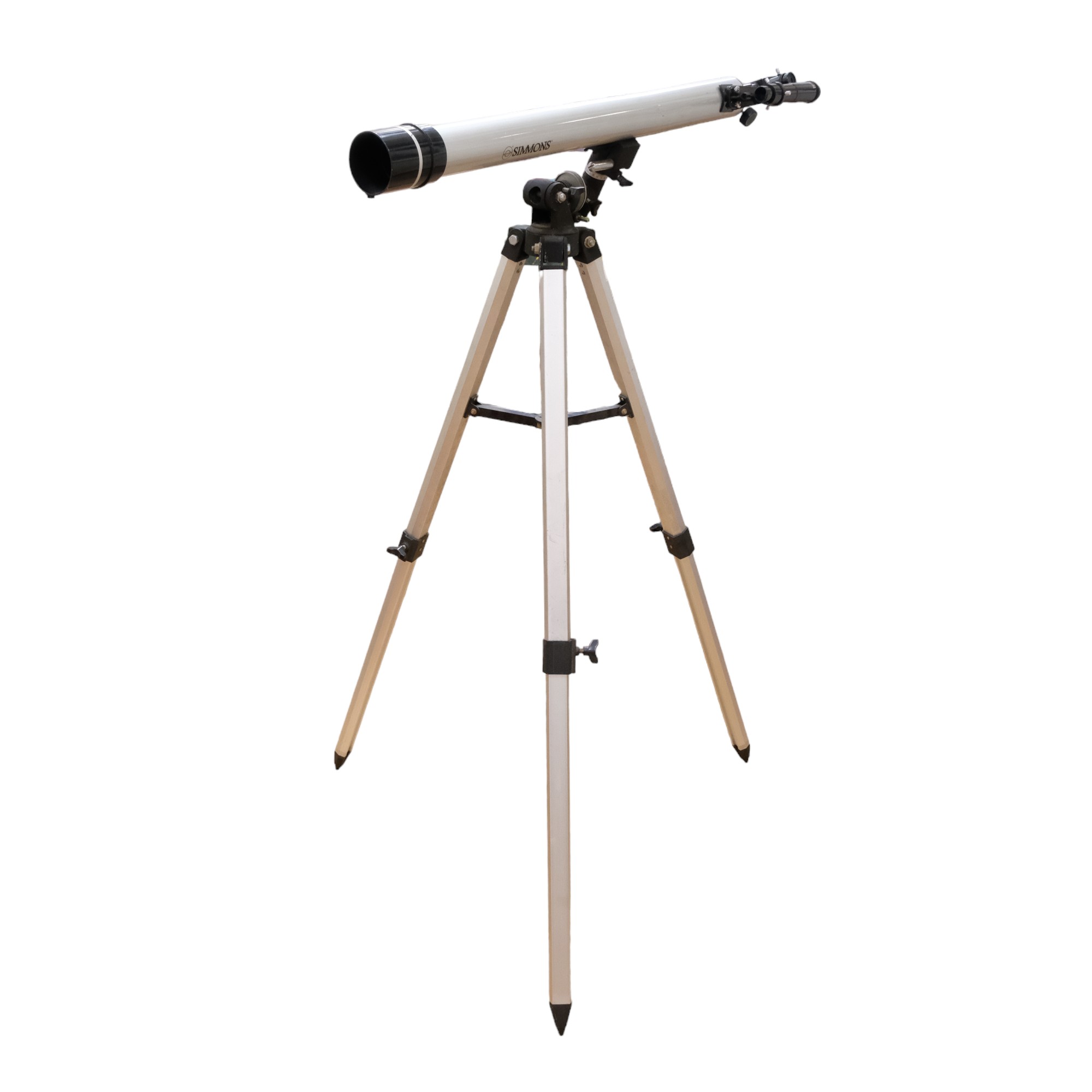 A Simmons telescope, with star spotter, equatorial mount and tripod, scope 92 cm, (optics clear)