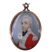A George III portrait miniature of a British army infantry officer, portrayed in scarlet coatee with
