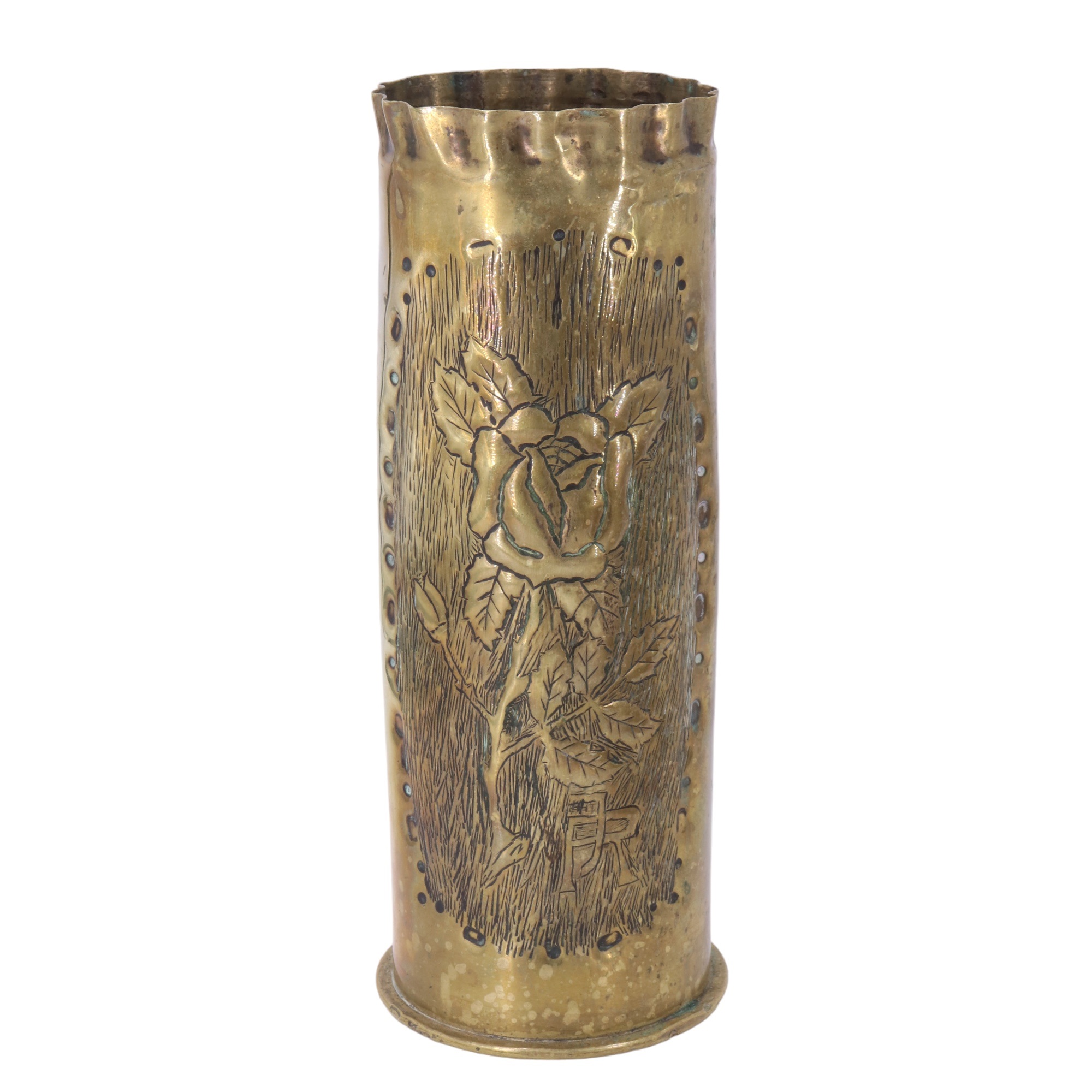 A Great War trench art vase, being a 1915 dated Imperial German artillery shell case chased and - Image 2 of 5