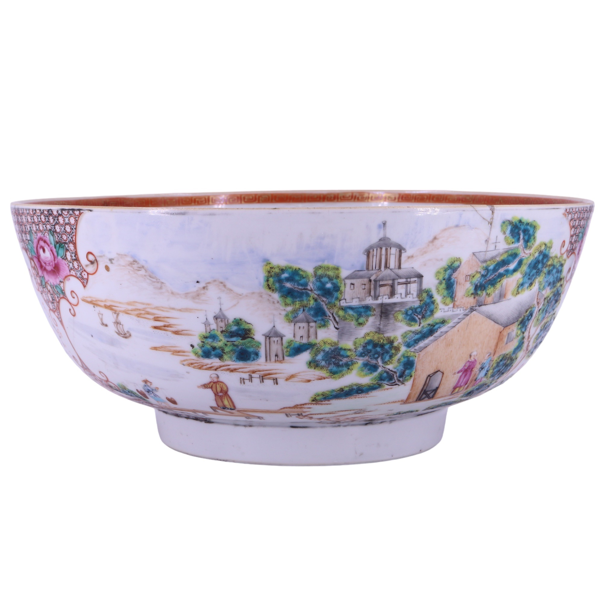 An 18th Century Chinese export Famille rose porcelain punch bowl, decorated in depiction of European - Image 6 of 8