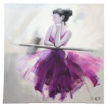 An energetic, violet-toned study of a ballerina at the bar, oil on canvas, signed with Chinese