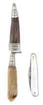 An early 20th Century German miniature hunting knife together with a pen knife having mother-of-