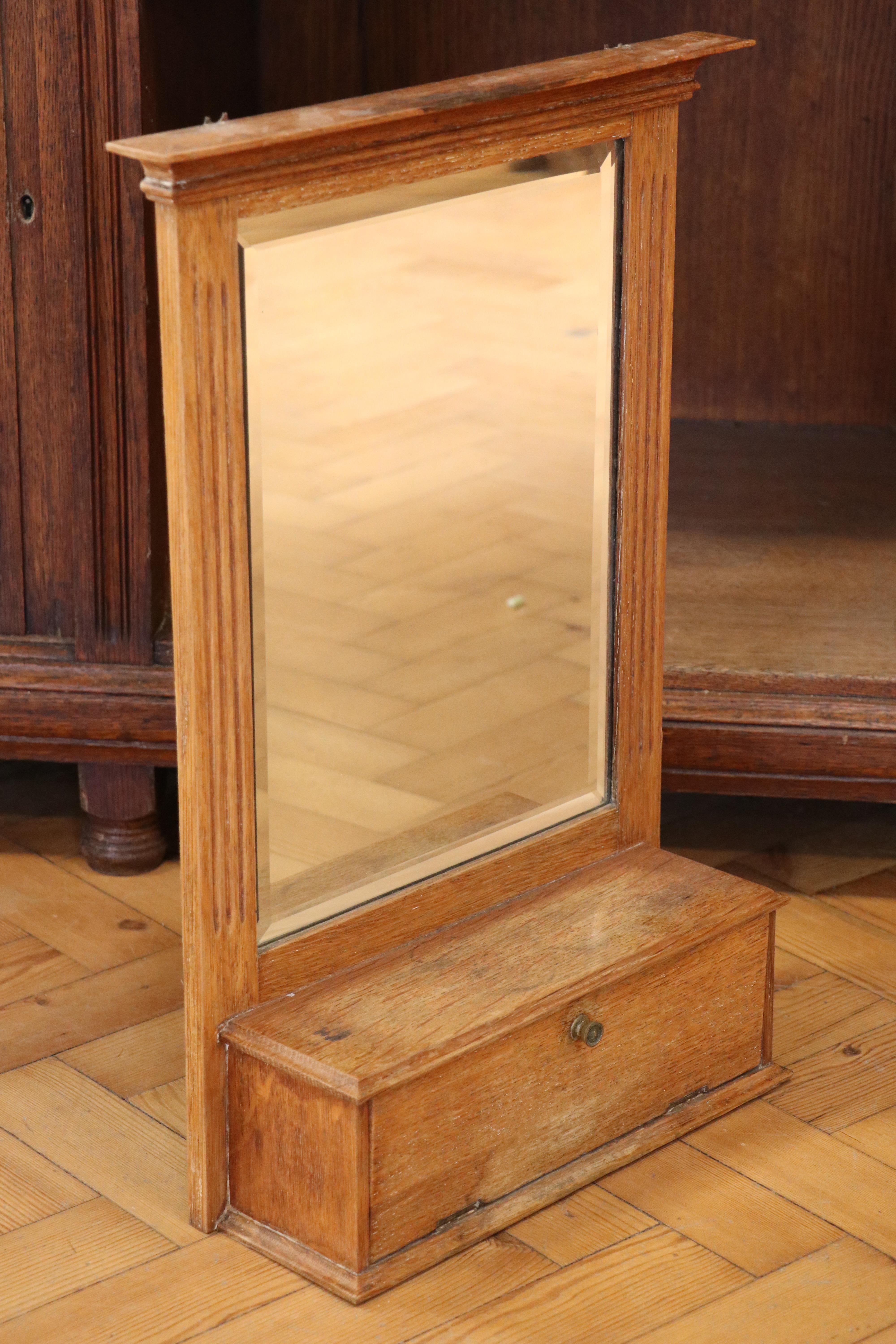 A late 19th / early 20th Century oak wall mirror cum shelf with integral small fall-front cabinet, - Image 2 of 3