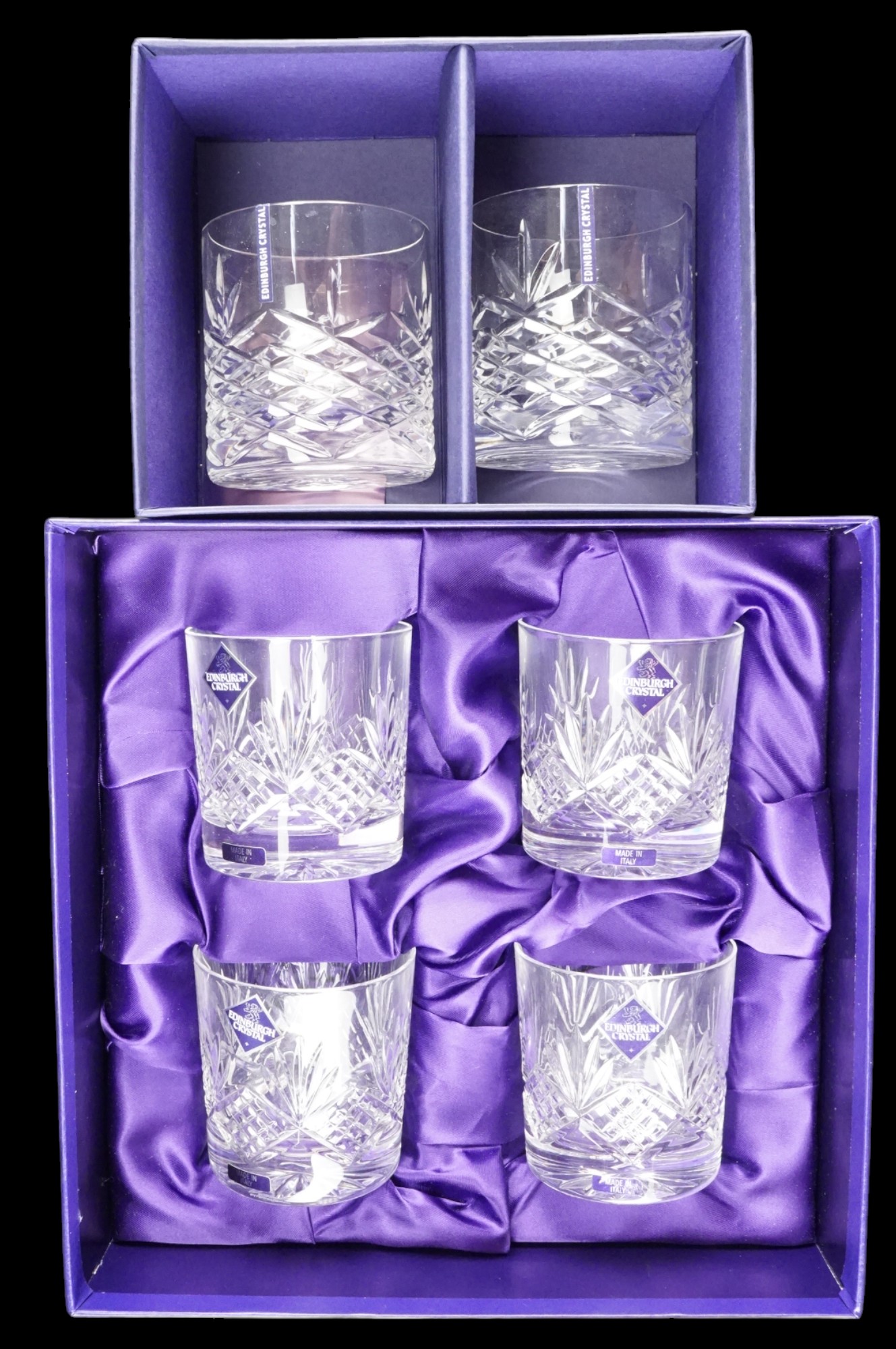A set of four Edinburgh Crystal International whisky tumblers and two other glasses