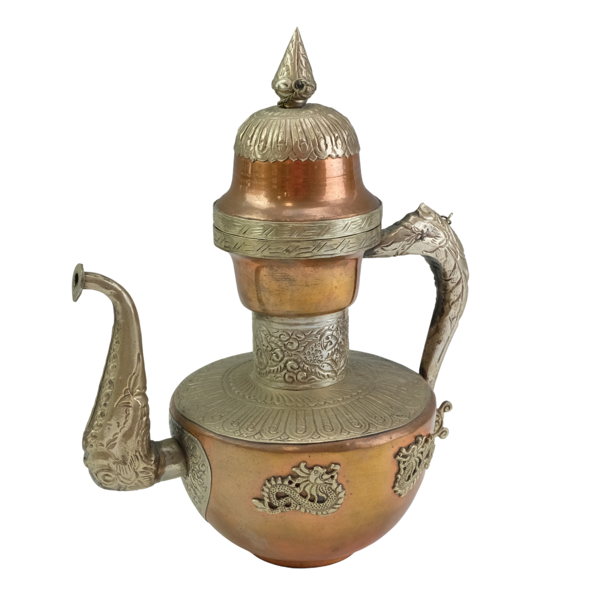 A Tibetan copper and nickel alloy tea pot together with an Islamic dallah coffee pot and one other - Image 4 of 4